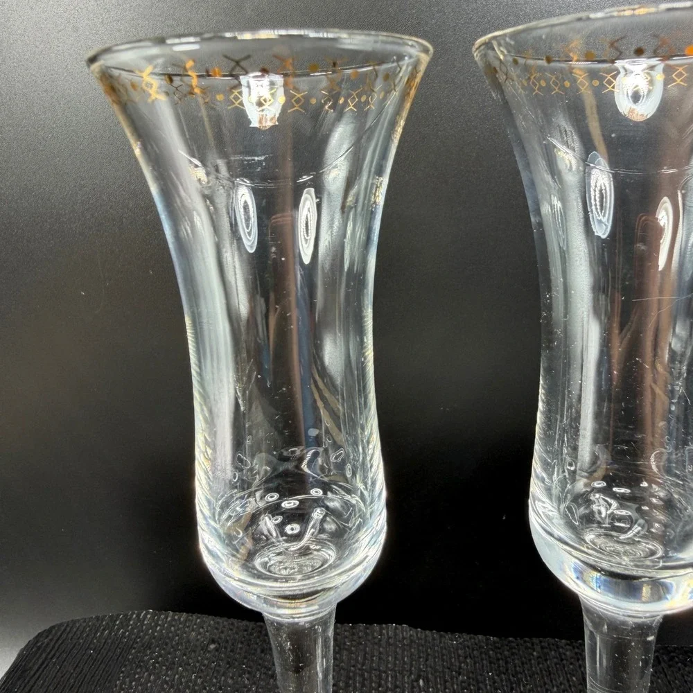 West‎ Elm Gold Pattern Champagne Flutes Set of 2 Flared Stemware Clear Glass VTG